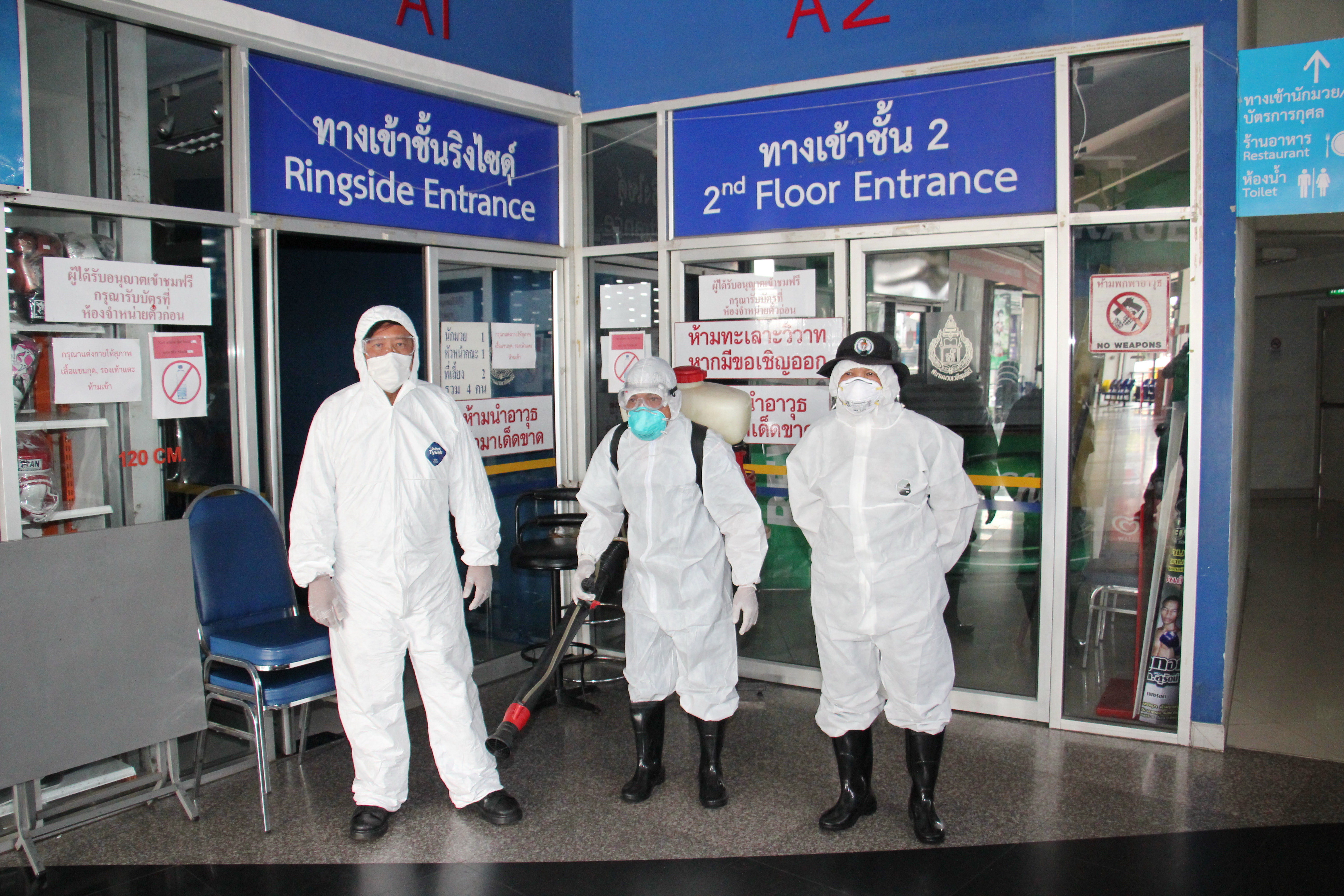 The staff to clean the Pomprab District, Bangkok, by spraying disinfectants inside and outside the Lumpinee Boxing Stadium  due to the widespread of  Coronavirus (2019-nCoV)